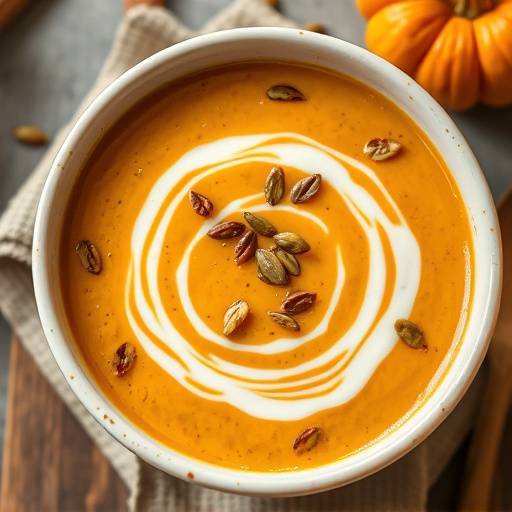 A bowl of butternut squash soup with a swirl of cream and toasted pumpkin seeds.