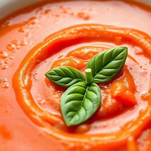 A bowl of creamy tomato soup garnished with fresh basil and a drizzle of olive oil.