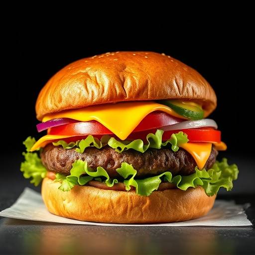 A classic cheeseburger with melted cheddar cheese, lettuce, tomato, and onion on a toasted brioche bun.