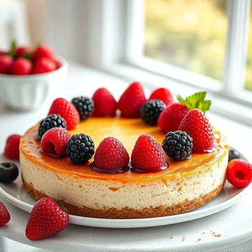 A creamy cheesecake with a graham cracker crust and topped with fresh berries.