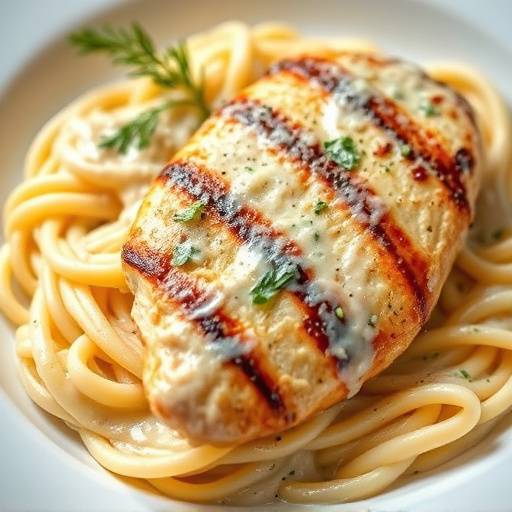 A creamy fettuccine alfredo pasta dish with grilled chicken and parmesan cheese.