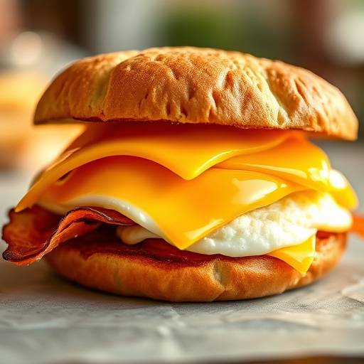 A delicious breakfast sandwich with eggs, cheese, and bacon.
