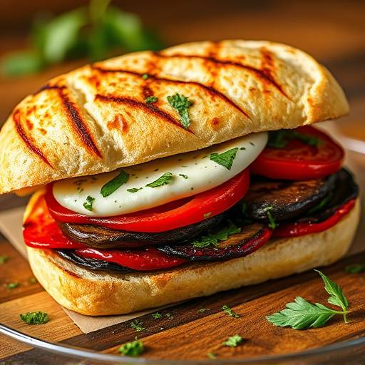 A grilled portobello mushroom sandwich with roasted red peppers, provolone cheese, and pesto aioli on a ciabatta roll.