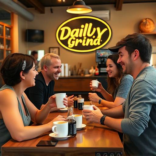 A group of happy customers enjoying coffee and conversation at The Daily Grind Cafe.