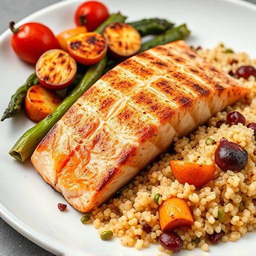 A juicy grilled salmon fillet served with roasted vegetables and quinoa.