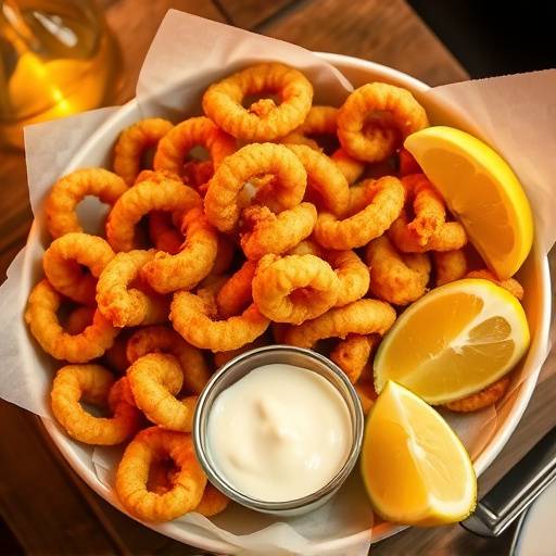 A plate of crispy fried calamari with lemon wedges and aioli dipping sauce.