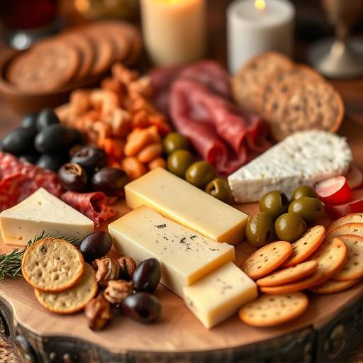 A platter of assorted cheeses, cured meats, olives, and crackers.