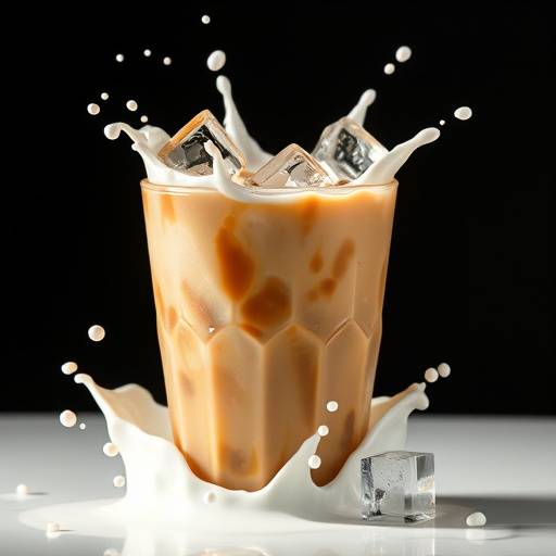 A refreshing iced coffee with ice cubes and a splash of milk.