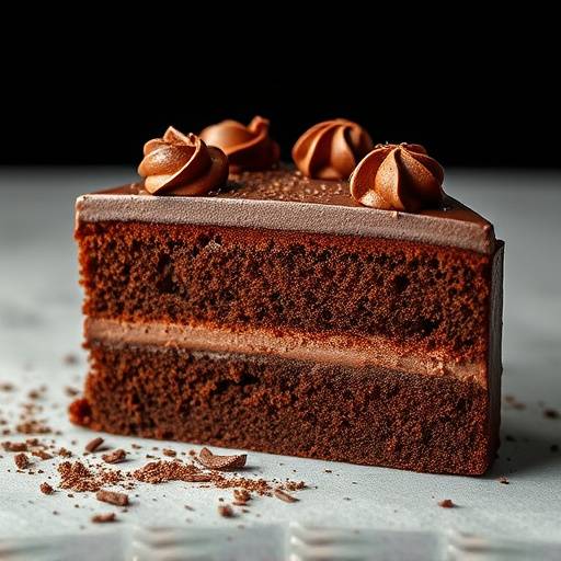 A slice of decadent chocolate cake with chocolate frosting and chocolate shavings.