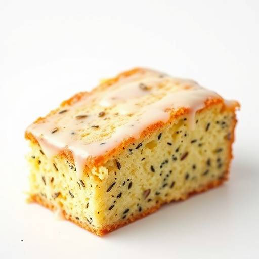 A slice of lemon poppy seed cake with a tangy glaze.