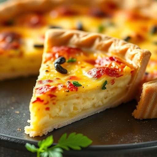 A slice of quiche lorraine with a flaky crust and creamy filling.