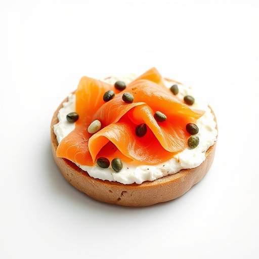 A smoked salmon bagel with cream cheese, capers and onions.