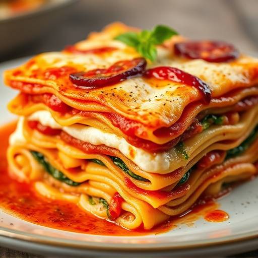 A vegetarian lasagna with layers of pasta, ricotta cheese, vegetables, and marinara sauce.