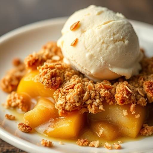A warm apple crumble with a crispy oat topping served with a scoop of vanilla ice cream.