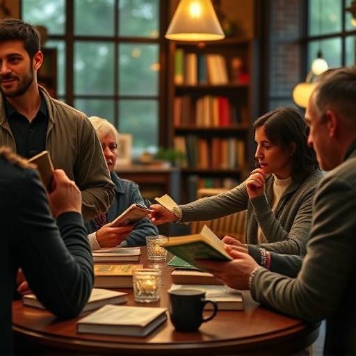 Book club meeting with people discussing a book over coffee.