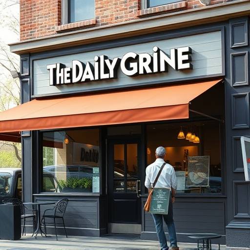 The Daily Grind Cafe building exterior, showing the front entrance and outdoor seating area.
