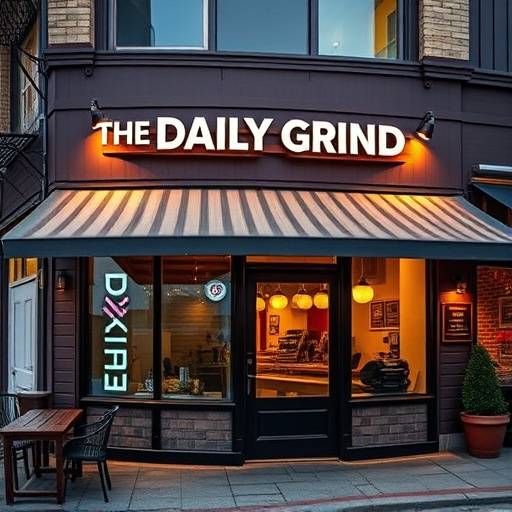 The exterior of The Daily Grind Cafe in Seattle, featuring its warm lighting and outdoor seating.